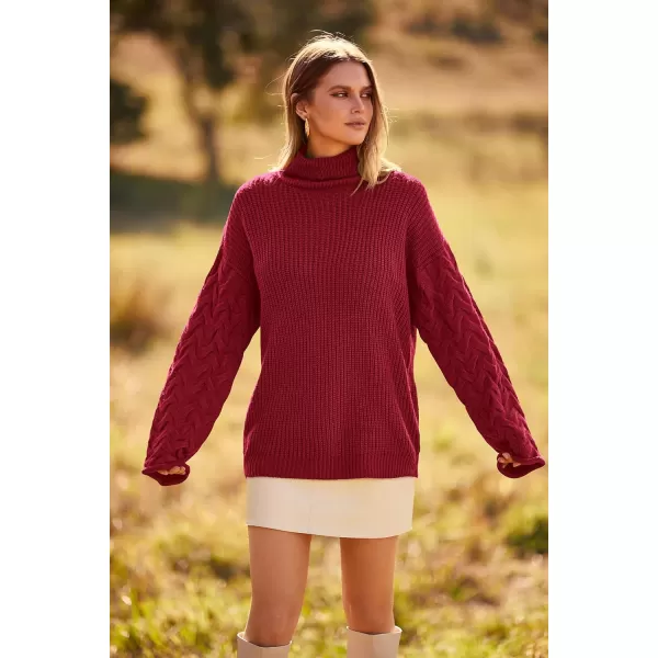 imagePRETTYGARDEN Womens 2023 Fall Fashion Pullover Sweaters Turtleneck Long Sleeve Cable Knit Sweater Casual Chunky Jumper TopsWine Red