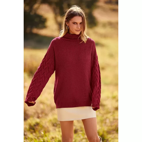 imagePRETTYGARDEN Womens 2023 Fall Fashion Pullover Sweaters Turtleneck Long Sleeve Cable Knit Sweater Casual Chunky Jumper TopsWine Red