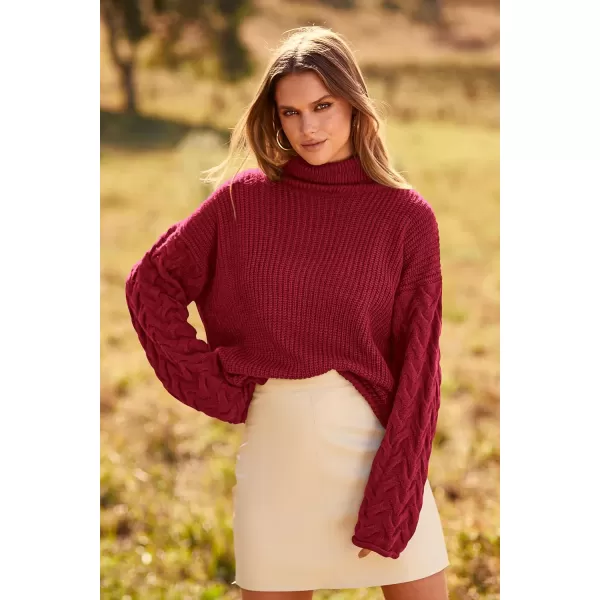 imagePRETTYGARDEN Womens 2023 Fall Fashion Pullover Sweaters Turtleneck Long Sleeve Cable Knit Sweater Casual Chunky Jumper TopsWine Red