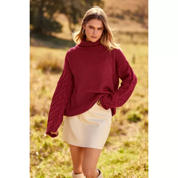imagePRETTYGARDEN Womens 2023 Fall Fashion Pullover Sweaters Turtleneck Long Sleeve Cable Knit Sweater Casual Chunky Jumper TopsWine Red