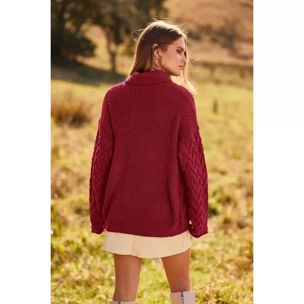 imagePRETTYGARDEN Womens 2023 Fall Fashion Pullover Sweaters Turtleneck Long Sleeve Cable Knit Sweater Casual Chunky Jumper TopsWine Red