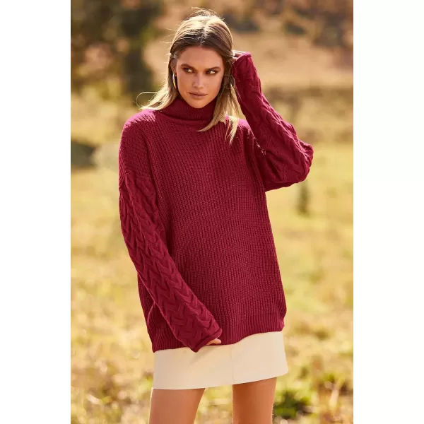 imagePRETTYGARDEN Womens 2023 Fall Fashion Pullover Sweaters Turtleneck Long Sleeve Cable Knit Sweater Casual Chunky Jumper TopsWine Red