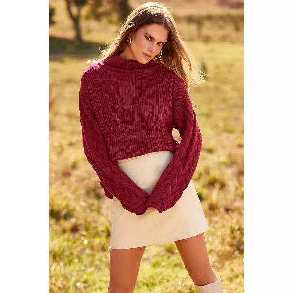 imagePRETTYGARDEN Womens 2023 Fall Fashion Pullover Sweaters Turtleneck Long Sleeve Cable Knit Sweater Casual Chunky Jumper TopsWine Red