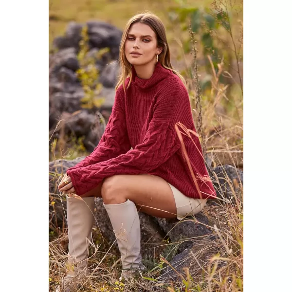 imagePRETTYGARDEN Womens 2023 Fall Fashion Pullover Sweaters Turtleneck Long Sleeve Cable Knit Sweater Casual Chunky Jumper TopsWine Red
