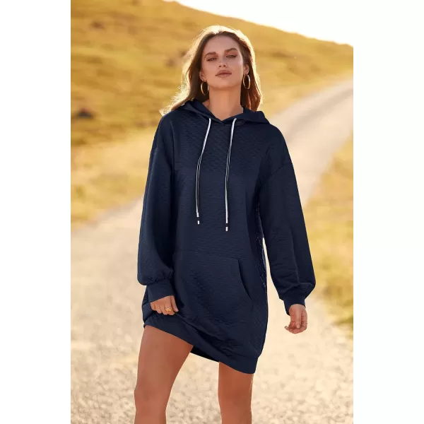 imagePRETTYGARDEN Womens 2023 Fall Fashion Quilted Hooded Sweatshirts Casual Long Sleeve Pullover Hoodie DressNavy