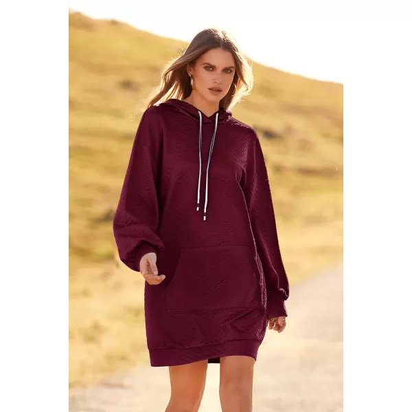 imagePRETTYGARDEN Womens 2023 Fall Fashion Quilted Hooded Sweatshirts Casual Long Sleeve Pullover Hoodie DressWine Red