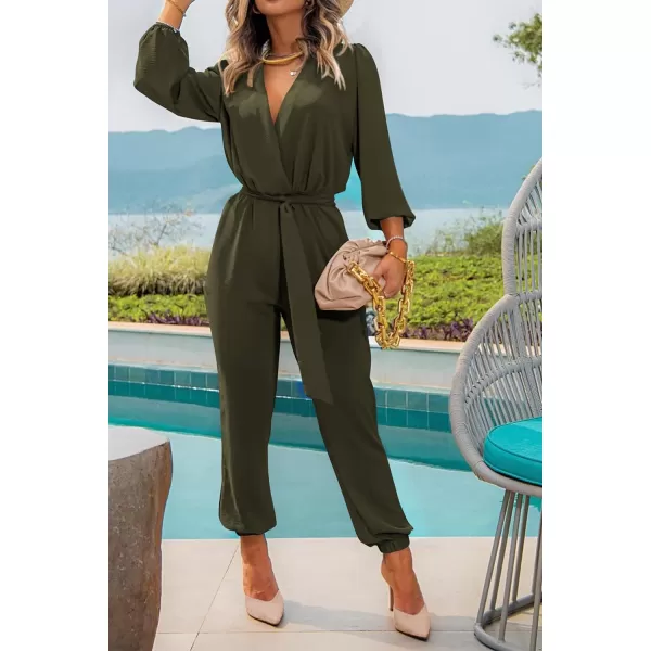imagePRETTYGARDEN Womens 2023 Fall Jumpsuits Casual Dressy One Piece Outfits V Neck Long Sleeve Belt Pockets Long Pants RomperArmy Green