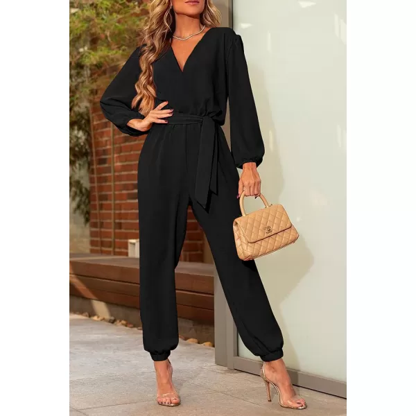 imagePRETTYGARDEN Womens 2023 Fall Jumpsuits Casual Dressy One Piece Outfits V Neck Long Sleeve Belt Pockets Long Pants RomperBlack