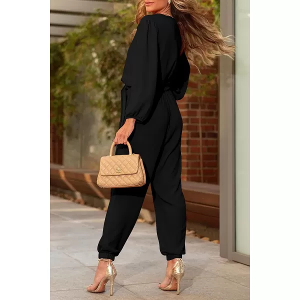 imagePRETTYGARDEN Womens 2023 Fall Jumpsuits Casual Dressy One Piece Outfits V Neck Long Sleeve Belt Pockets Long Pants RomperBlack