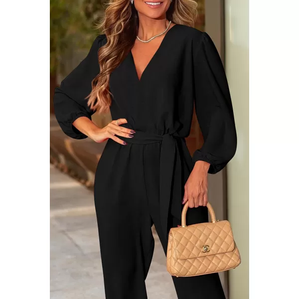 imagePRETTYGARDEN Womens 2023 Fall Jumpsuits Casual Dressy One Piece Outfits V Neck Long Sleeve Belt Pockets Long Pants RomperBlack