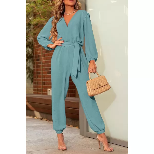 imagePRETTYGARDEN Womens 2023 Fall Jumpsuits Casual Dressy One Piece Outfits V Neck Long Sleeve Belt Pockets Long Pants RomperBlue Green