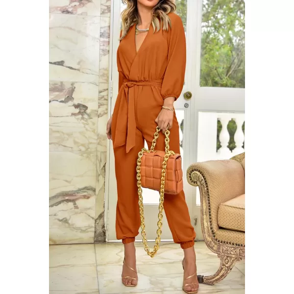 imagePRETTYGARDEN Womens 2023 Fall Jumpsuits Casual Dressy One Piece Outfits V Neck Long Sleeve Belt Pockets Long Pants RomperBrown Yellow