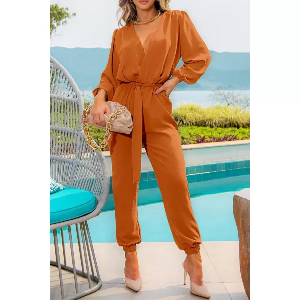 imagePRETTYGARDEN Womens 2023 Fall Jumpsuits Casual Dressy One Piece Outfits V Neck Long Sleeve Belt Pockets Long Pants RomperBrown Yellow