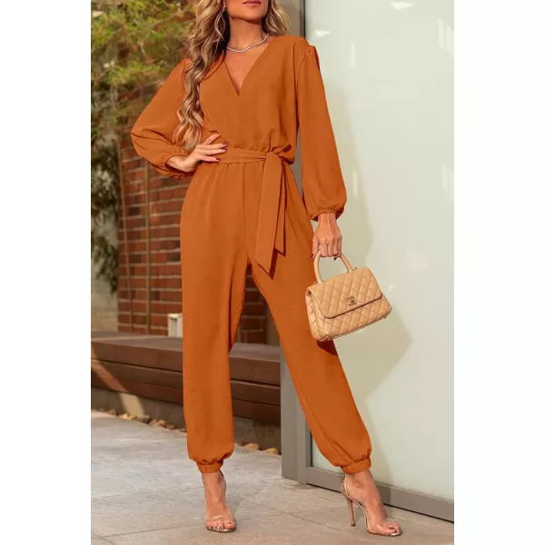 imagePRETTYGARDEN Womens 2023 Fall Jumpsuits Casual Dressy One Piece Outfits V Neck Long Sleeve Belt Pockets Long Pants RomperBrown Yellow