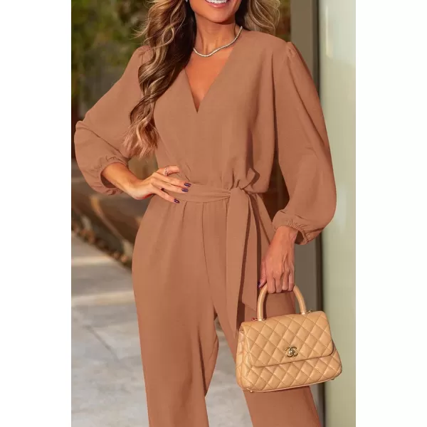 imagePRETTYGARDEN Womens 2023 Fall Jumpsuits Casual Dressy One Piece Outfits V Neck Long Sleeve Belt Pockets Long Pants RomperCamel