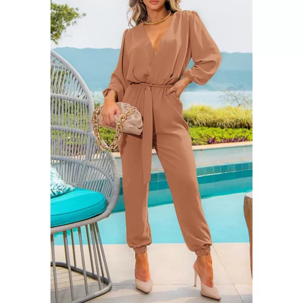 imagePRETTYGARDEN Womens 2023 Fall Jumpsuits Casual Dressy One Piece Outfits V Neck Long Sleeve Belt Pockets Long Pants RomperCamel