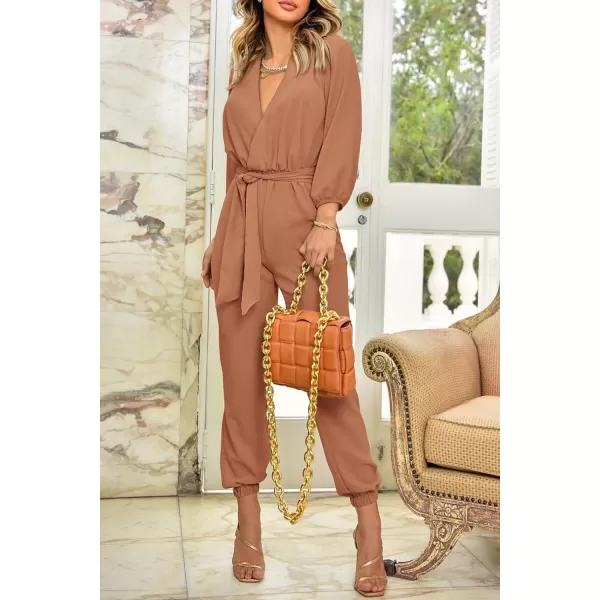 imagePRETTYGARDEN Womens 2023 Fall Jumpsuits Casual Dressy One Piece Outfits V Neck Long Sleeve Belt Pockets Long Pants RomperCamel