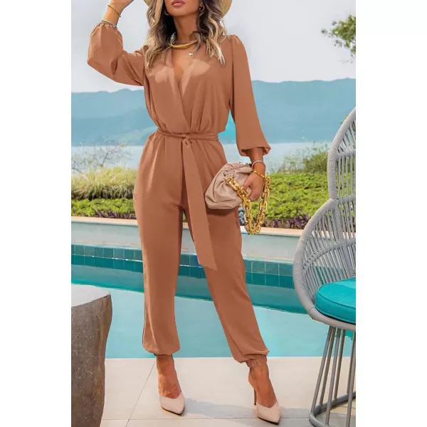 imagePRETTYGARDEN Womens 2023 Fall Jumpsuits Casual Dressy One Piece Outfits V Neck Long Sleeve Belt Pockets Long Pants RomperCamel