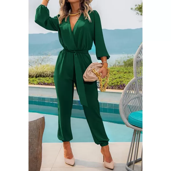 imagePRETTYGARDEN Womens 2023 Fall Jumpsuits Casual Dressy One Piece Outfits V Neck Long Sleeve Belt Pockets Long Pants RomperDark Green