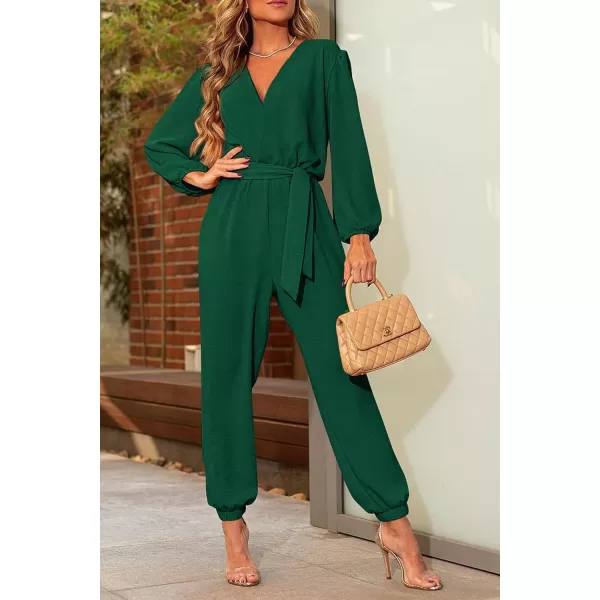 imagePRETTYGARDEN Womens 2023 Fall Jumpsuits Casual Dressy One Piece Outfits V Neck Long Sleeve Belt Pockets Long Pants RomperDark Green
