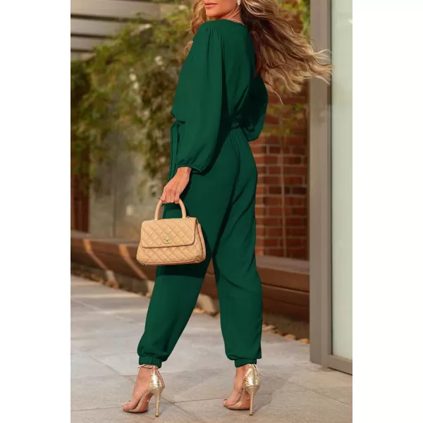 imagePRETTYGARDEN Womens 2023 Fall Jumpsuits Casual Dressy One Piece Outfits V Neck Long Sleeve Belt Pockets Long Pants RomperDark Green