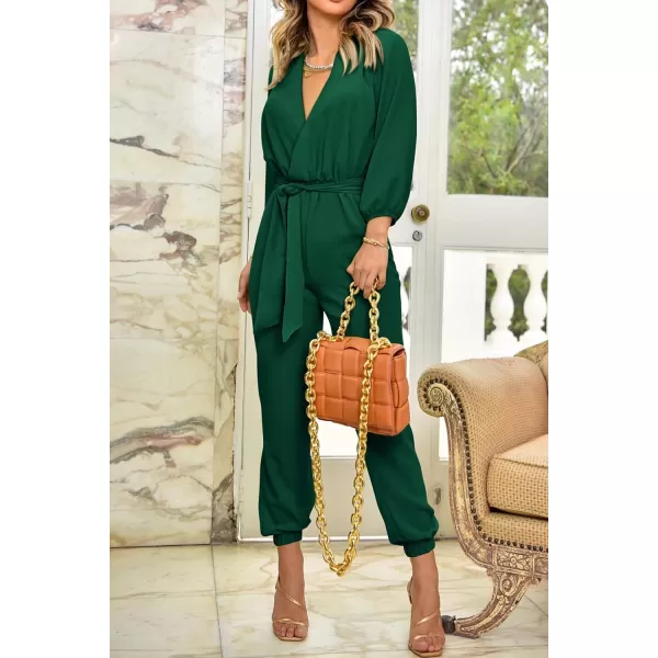 imagePRETTYGARDEN Womens 2023 Fall Jumpsuits Casual Dressy One Piece Outfits V Neck Long Sleeve Belt Pockets Long Pants RomperDark Green