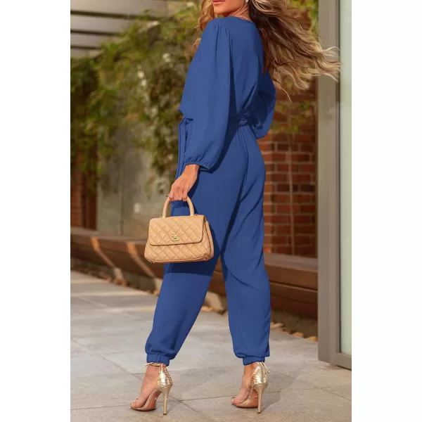 imagePRETTYGARDEN Womens 2023 Fall Jumpsuits Casual Dressy One Piece Outfits V Neck Long Sleeve Belt Pockets Long Pants RomperDenim Blue