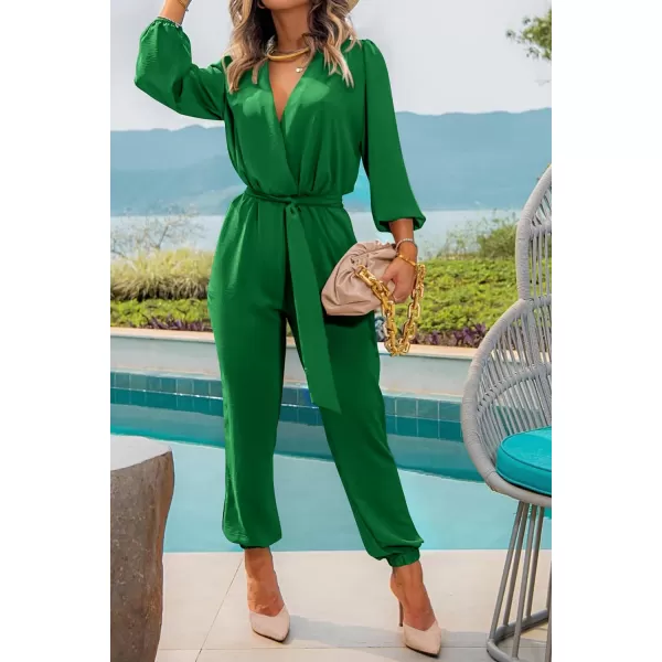 imagePRETTYGARDEN Womens 2023 Fall Jumpsuits Casual Dressy One Piece Outfits V Neck Long Sleeve Belt Pockets Long Pants RomperGreen
