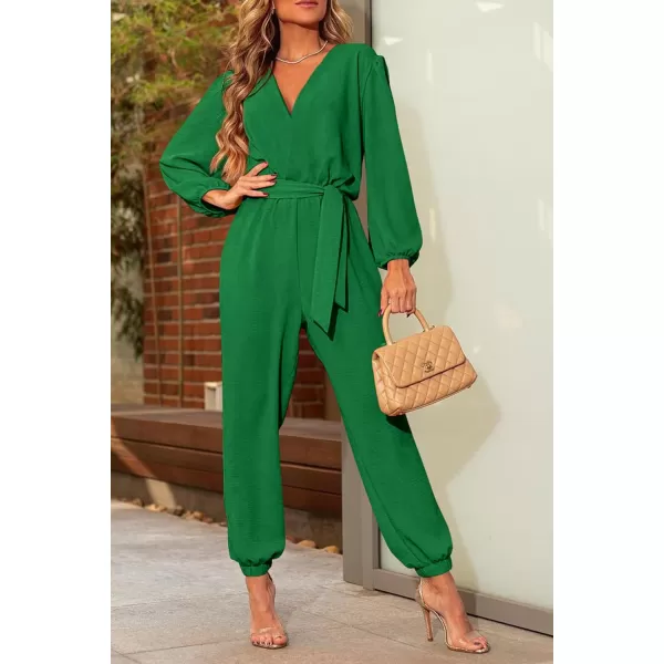 imagePRETTYGARDEN Womens 2023 Fall Jumpsuits Casual Dressy One Piece Outfits V Neck Long Sleeve Belt Pockets Long Pants RomperGreen