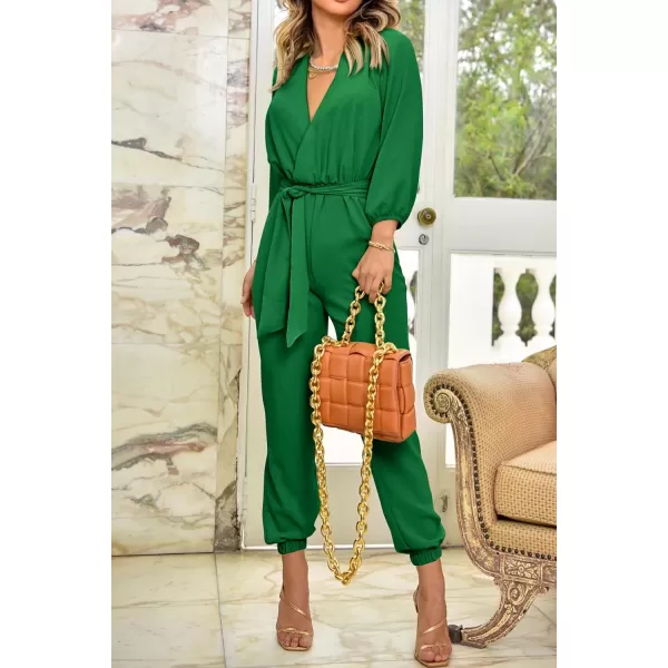 imagePRETTYGARDEN Womens 2023 Fall Jumpsuits Casual Dressy One Piece Outfits V Neck Long Sleeve Belt Pockets Long Pants RomperGreen