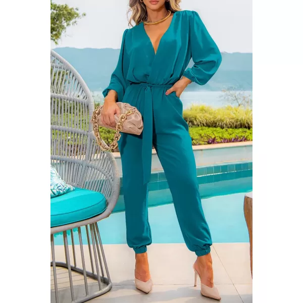 imagePRETTYGARDEN Womens 2023 Fall Jumpsuits Casual Dressy One Piece Outfits V Neck Long Sleeve Belt Pockets Long Pants RomperLake Blue