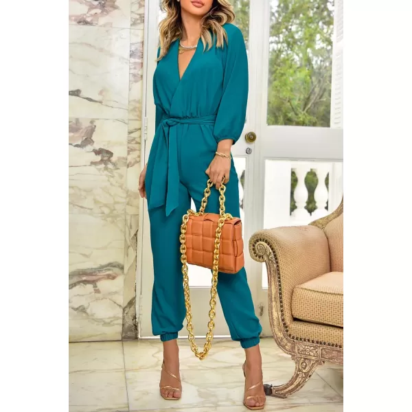 imagePRETTYGARDEN Womens 2023 Fall Jumpsuits Casual Dressy One Piece Outfits V Neck Long Sleeve Belt Pockets Long Pants RomperLake Blue