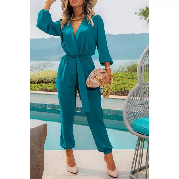 imagePRETTYGARDEN Womens 2023 Fall Jumpsuits Casual Dressy One Piece Outfits V Neck Long Sleeve Belt Pockets Long Pants RomperLake Blue
