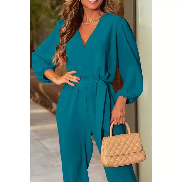 imagePRETTYGARDEN Womens 2023 Fall Jumpsuits Casual Dressy One Piece Outfits V Neck Long Sleeve Belt Pockets Long Pants RomperLake Blue