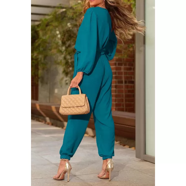 imagePRETTYGARDEN Womens 2023 Fall Jumpsuits Casual Dressy One Piece Outfits V Neck Long Sleeve Belt Pockets Long Pants RomperLake Blue