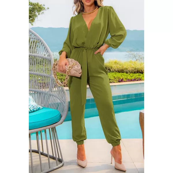 imagePRETTYGARDEN Womens 2023 Fall Jumpsuits Casual Dressy One Piece Outfits V Neck Long Sleeve Belt Pockets Long Pants RomperOlive Green