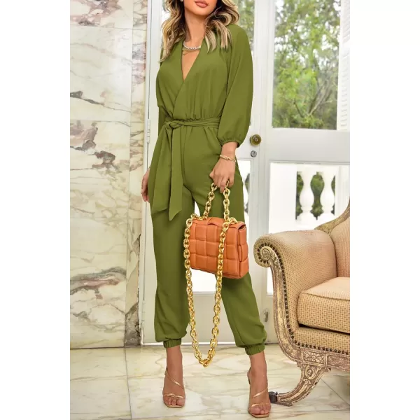 imagePRETTYGARDEN Womens 2023 Fall Jumpsuits Casual Dressy One Piece Outfits V Neck Long Sleeve Belt Pockets Long Pants RomperOlive Green