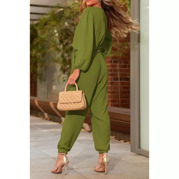 imagePRETTYGARDEN Womens 2023 Fall Jumpsuits Casual Dressy One Piece Outfits V Neck Long Sleeve Belt Pockets Long Pants RomperOlive Green
