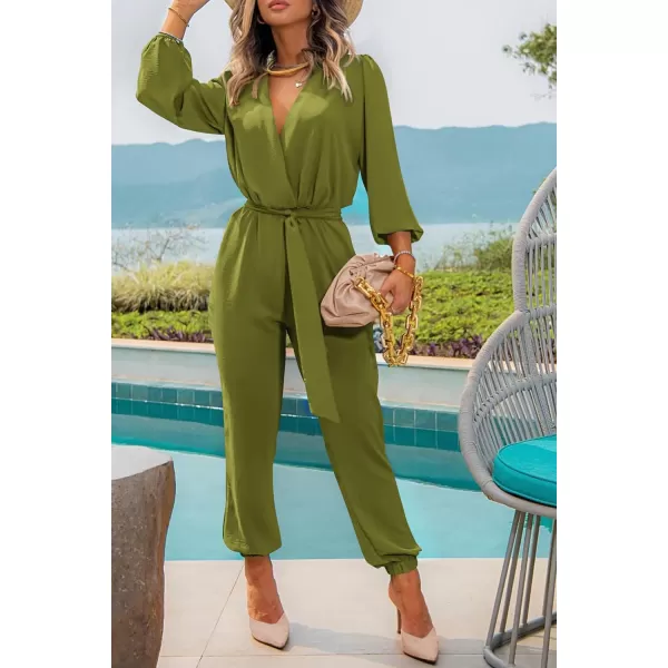 imagePRETTYGARDEN Womens 2023 Fall Jumpsuits Casual Dressy One Piece Outfits V Neck Long Sleeve Belt Pockets Long Pants RomperOlive Green