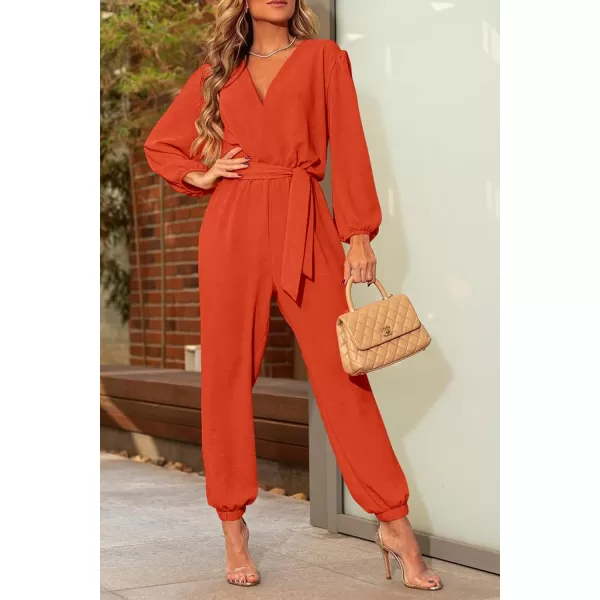 imagePRETTYGARDEN Womens 2023 Fall Jumpsuits Casual Dressy One Piece Outfits V Neck Long Sleeve Belt Pockets Long Pants RomperOrange