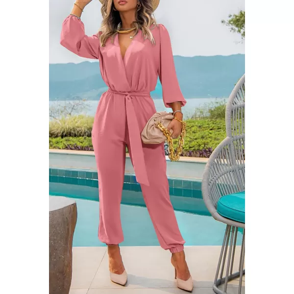imagePRETTYGARDEN Womens 2023 Fall Jumpsuits Casual Dressy One Piece Outfits V Neck Long Sleeve Belt Pockets Long Pants RomperPink