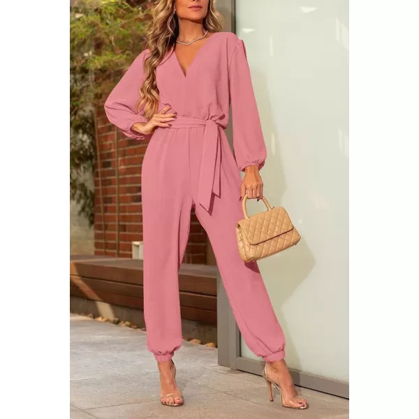 imagePRETTYGARDEN Womens 2023 Fall Jumpsuits Casual Dressy One Piece Outfits V Neck Long Sleeve Belt Pockets Long Pants RomperPink