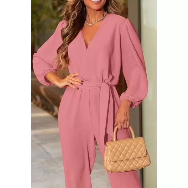 imagePRETTYGARDEN Womens 2023 Fall Jumpsuits Casual Dressy One Piece Outfits V Neck Long Sleeve Belt Pockets Long Pants RomperPink