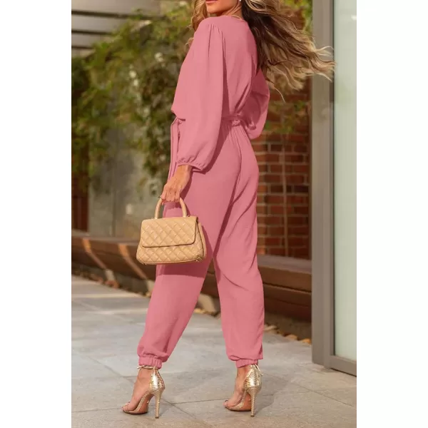 imagePRETTYGARDEN Womens 2023 Fall Jumpsuits Casual Dressy One Piece Outfits V Neck Long Sleeve Belt Pockets Long Pants RomperPink