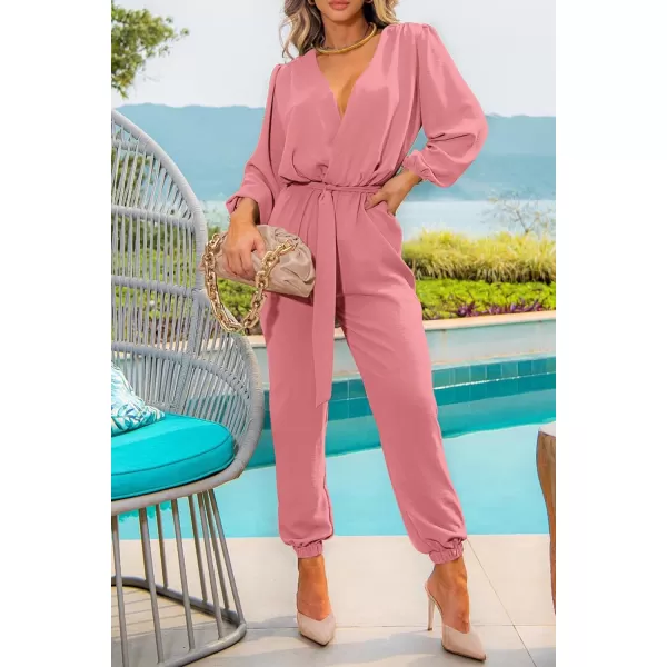 imagePRETTYGARDEN Womens 2023 Fall Jumpsuits Casual Dressy One Piece Outfits V Neck Long Sleeve Belt Pockets Long Pants RomperPink