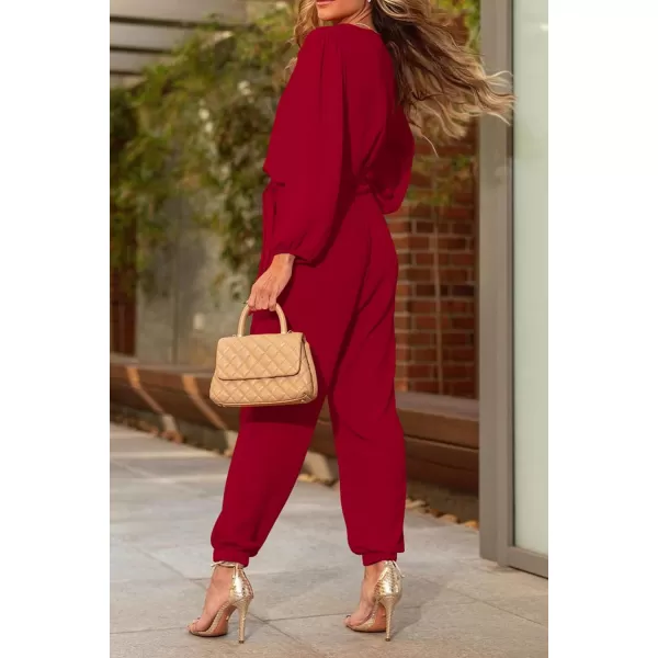 imagePRETTYGARDEN Womens 2023 Fall Jumpsuits Casual Dressy One Piece Outfits V Neck Long Sleeve Belt Pockets Long Pants RomperRed