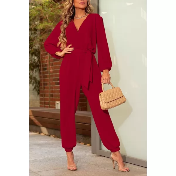 imagePRETTYGARDEN Womens 2023 Fall Jumpsuits Casual Dressy One Piece Outfits V Neck Long Sleeve Belt Pockets Long Pants RomperRed