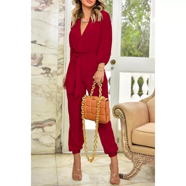 imagePRETTYGARDEN Womens 2023 Fall Jumpsuits Casual Dressy One Piece Outfits V Neck Long Sleeve Belt Pockets Long Pants RomperRed