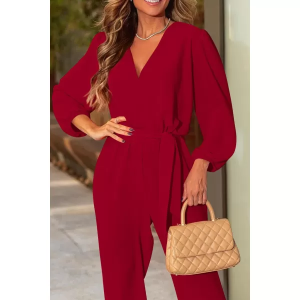 imagePRETTYGARDEN Womens 2023 Fall Jumpsuits Casual Dressy One Piece Outfits V Neck Long Sleeve Belt Pockets Long Pants RomperRed