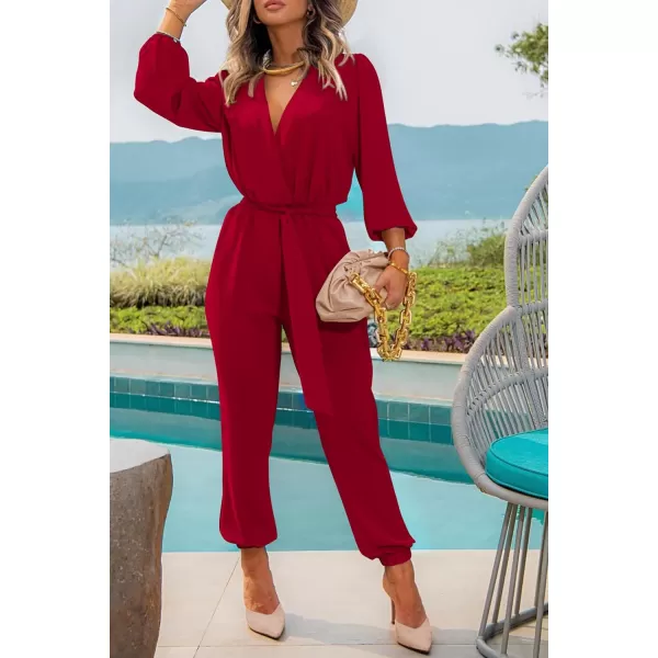 imagePRETTYGARDEN Womens 2023 Fall Jumpsuits Casual Dressy One Piece Outfits V Neck Long Sleeve Belt Pockets Long Pants RomperRed